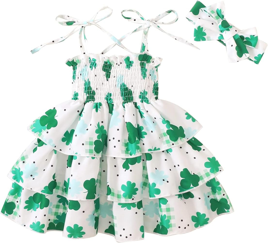 Toddler Baby Girl Summer Clothes Kid Clover Sleeveless Sling Ruffle Layered Dress+Headband St. Patri | Amazon (US)