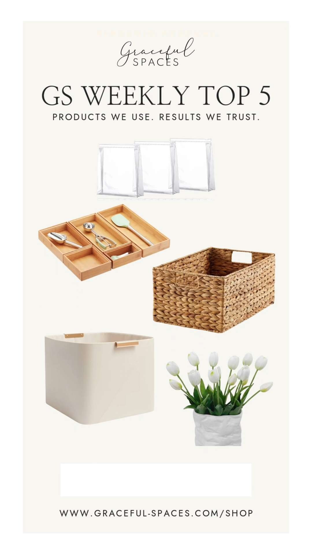 A perfect collection for the first week of June Top 5!  Swimsuit organizer bags and faux tulips from Amazon.  The Container Store's stackable bamboo drawer organizers and water hyacinth bins.  Target's timeless faux leather crate.  What are you shopping for this summer? 

 #LTKHome