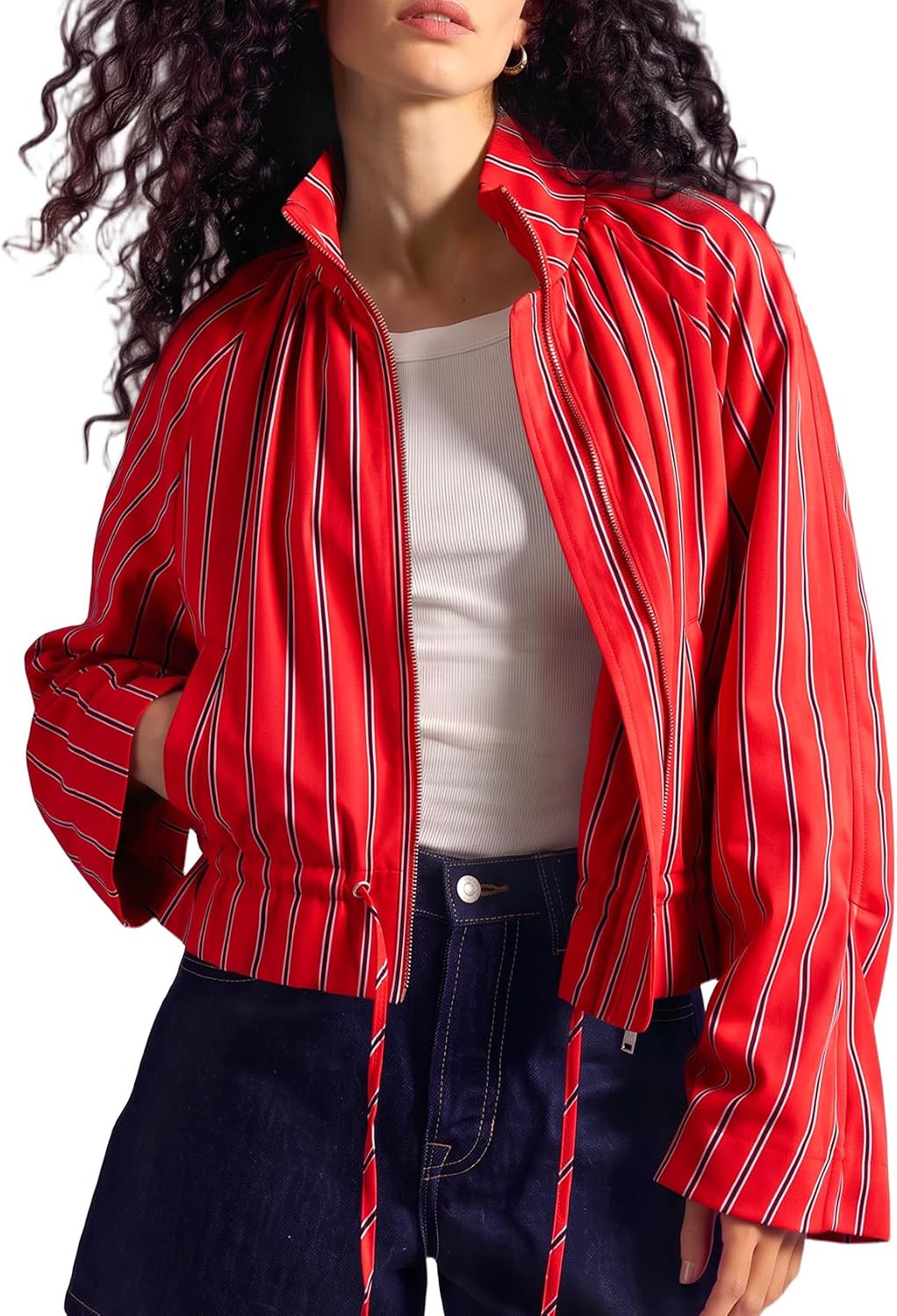 Wyeysyt Womens Striped Cropped Jacket Zip Up Lightweight Jackets | Amazon (US)