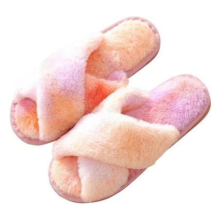 Women s Fluffy Furry Fuzzy Slippers Cross Band Soft Plush Flat Slide Memory Foam House Slippers Open | Walmart (US)