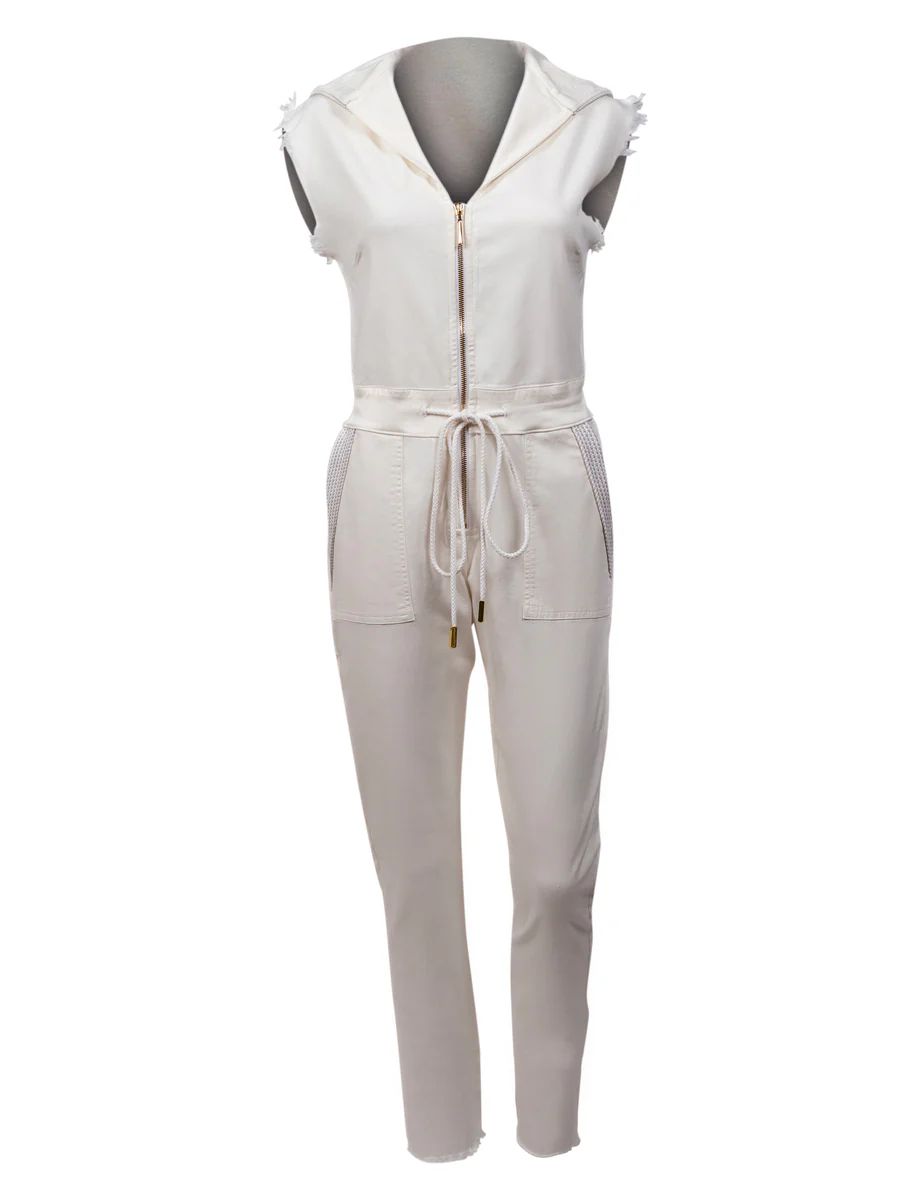 The Carly Hooded Denim Jumpsuit in White | La Peony Clothing