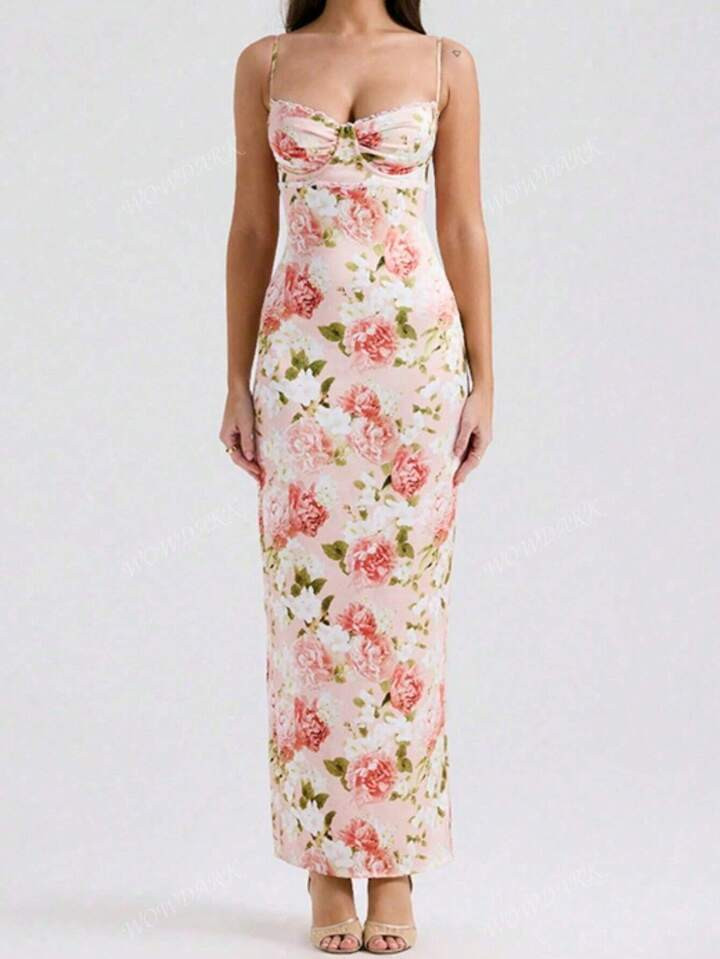 Floral Print Draped Collar Backless Bodycon Cami Dress5.00(7) | SHEIN