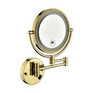 13.5 in. x 8 in. Double-SidedMagnifying Retractable Mirror Wall-Mount LED Makeup Bathroom Makeup Mirror in Gold | The Home Depot
