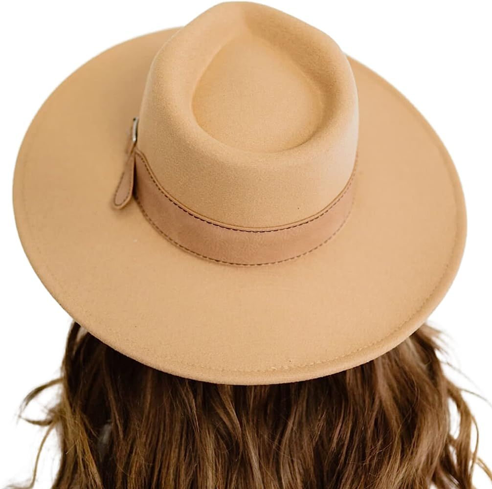 Women's Classic Wide Brim Fedora Ranger Hat with Belt and Buckle Nude | Amazon (US)