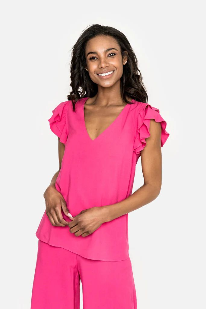 Sunnyside Ruffle Sleeve V-Neck Top | Gibson