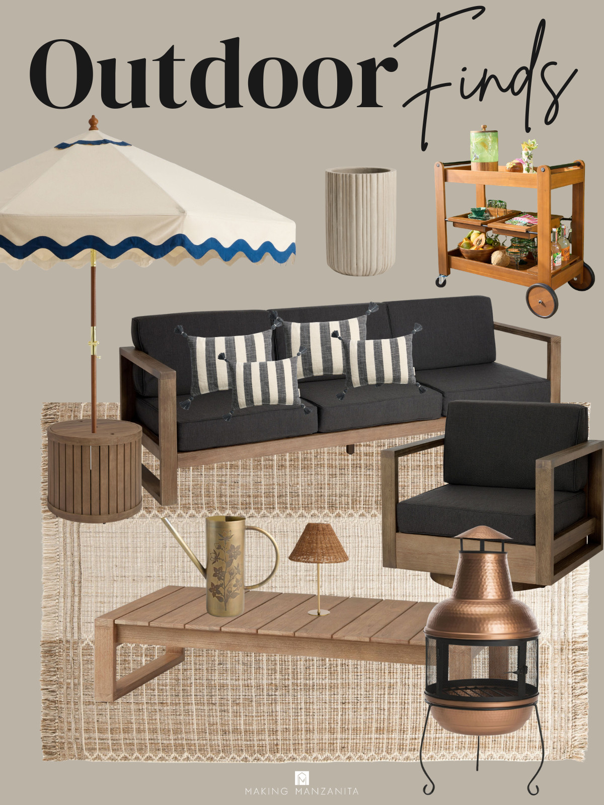 Outdoor patio finds from World Market that feel warm and pulled together 🤎 Wood furniture with black cushions creates a clean, modern base, layered with a natural jute rug for texture. Add a hammered copper fire pit, a scalloped umbrella table, and a wood bar cart for the perfect mix of cozy + functional outdoor living. #worldmarket  

 #LTKSeasonal #LTKHome