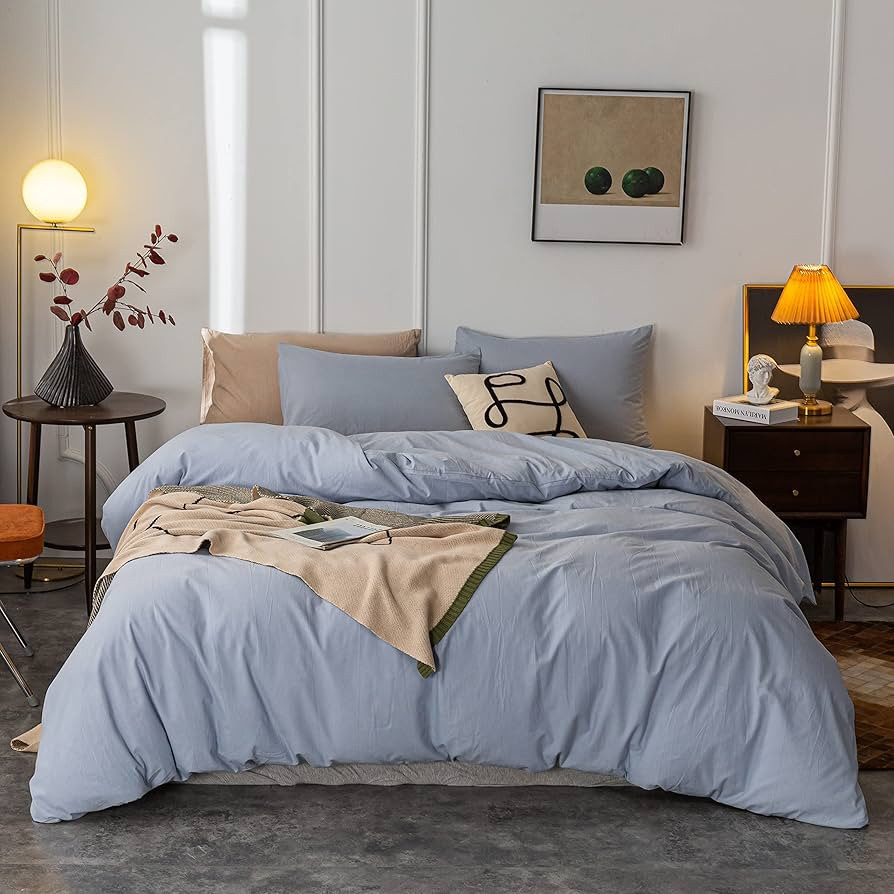 Janlive Washed Cotton Duvet Cover King Ultra Soft 100% Cotton Solid Color Light Blue Duvet Cover ... | Amazon (US)
