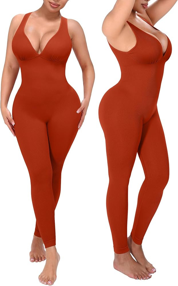 SHAPELLX Tummy Control Workout Jumpsuits for Women One Piece Comfy Yoga Outfits V Neck Sleeveless... | Amazon (US)