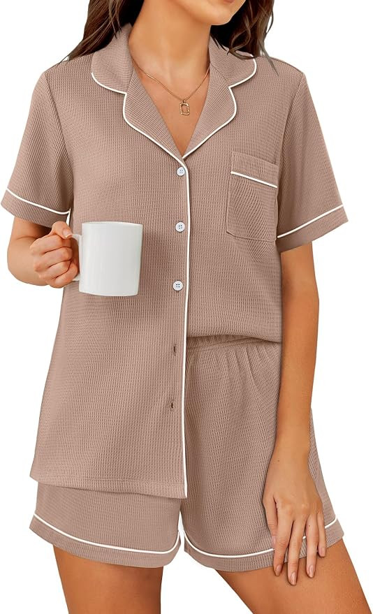 Ekouaer Womens Waffle Knit Pajama Sets Soft Short Sleeve Button Down Sleepwear Cozy 2 Piece Pjs S... | Amazon (US)