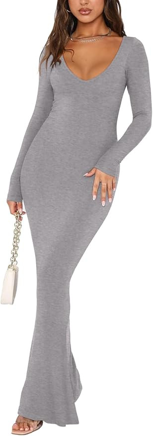 REORIA Women's Sexy Soft Lounge Ribbed Long Dress Elegant Long Sleeve Deep V Neck Bodycon Maxi Dr... | Amazon (US)