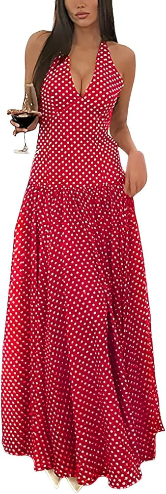 Women's Polka Dot Maxi Dress Halter Neck Sleeveless Drop Waist Flowy Summer Wedding Beach Sundres... | Amazon (US)