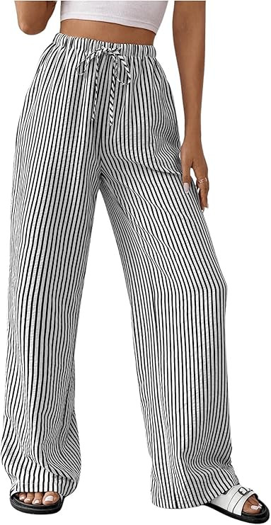 Women's Striped Pants Drawstring High Waisted Wide Leg Casual Loose Trousers | Amazon (US)
