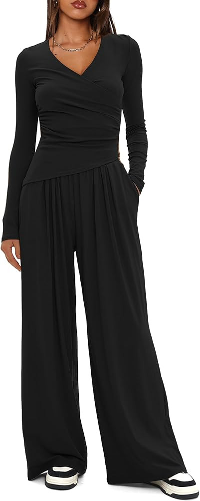 Darong Women's 2 Piece Lounge Outfits Sets Warp V Neck Long Sleeve Shirts and Wide Leg Pants Trac... | Amazon (US)
