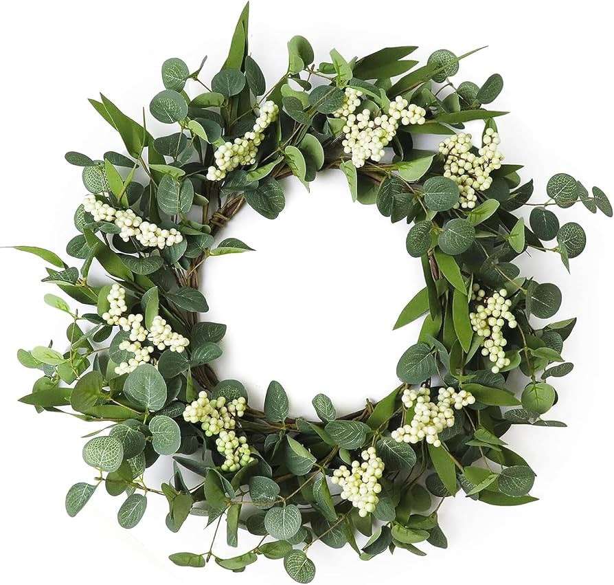 Wreaths for Front Door, 20" Artificial Eucalyptus Wreath, White Berry Greenery Wreath for Front D... | Amazon (US)