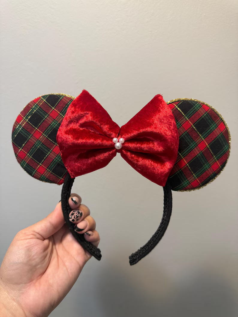 Christmas Plaid Disney Ears | Holiday Velvet Bow Disney Ears | Handmade Headband | Red & Green Ch... | Etsy (US)