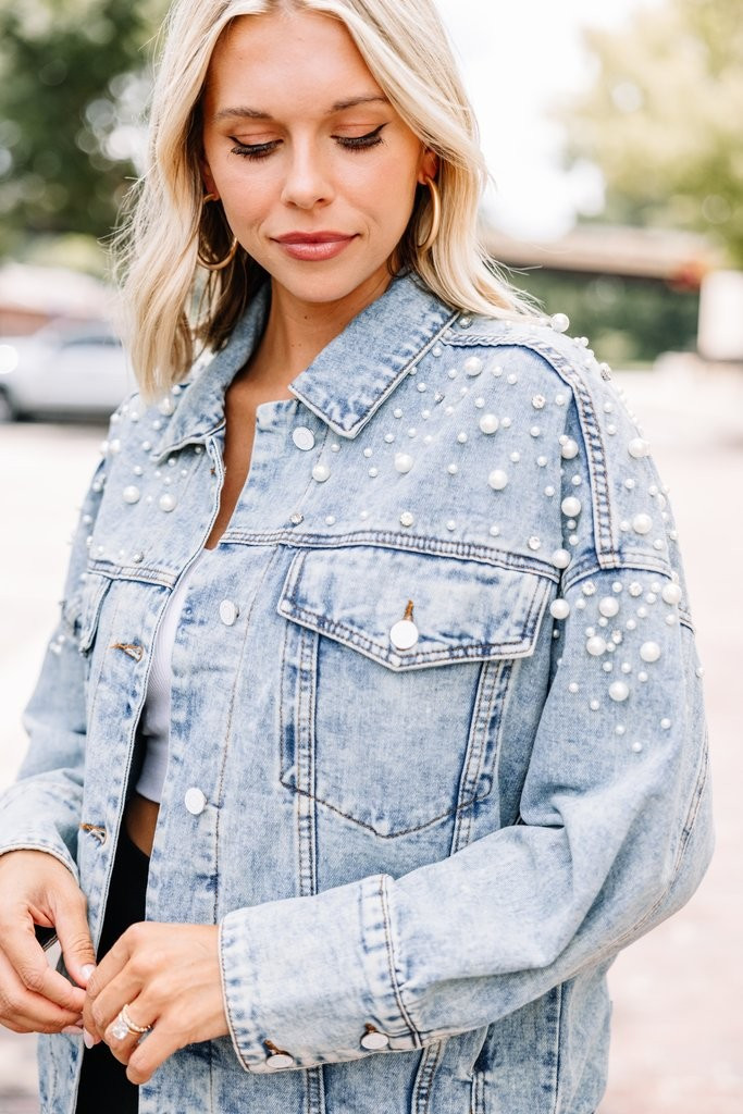 Back In Town Medium Wash Embellished Denim Jacket | The Mint Julep Boutique