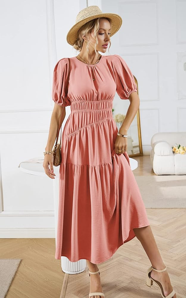 ECOWISH Summer Dresses for Women 2024 Casual Short Puff Sleeve Crew Neck Smocked High Waist A Lin... | Amazon (US)