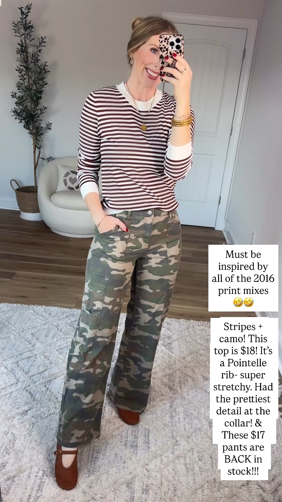 Walmart outfit, print mix, camo pants, striped sweater 

#LTKootd #LTKFindsUnder50