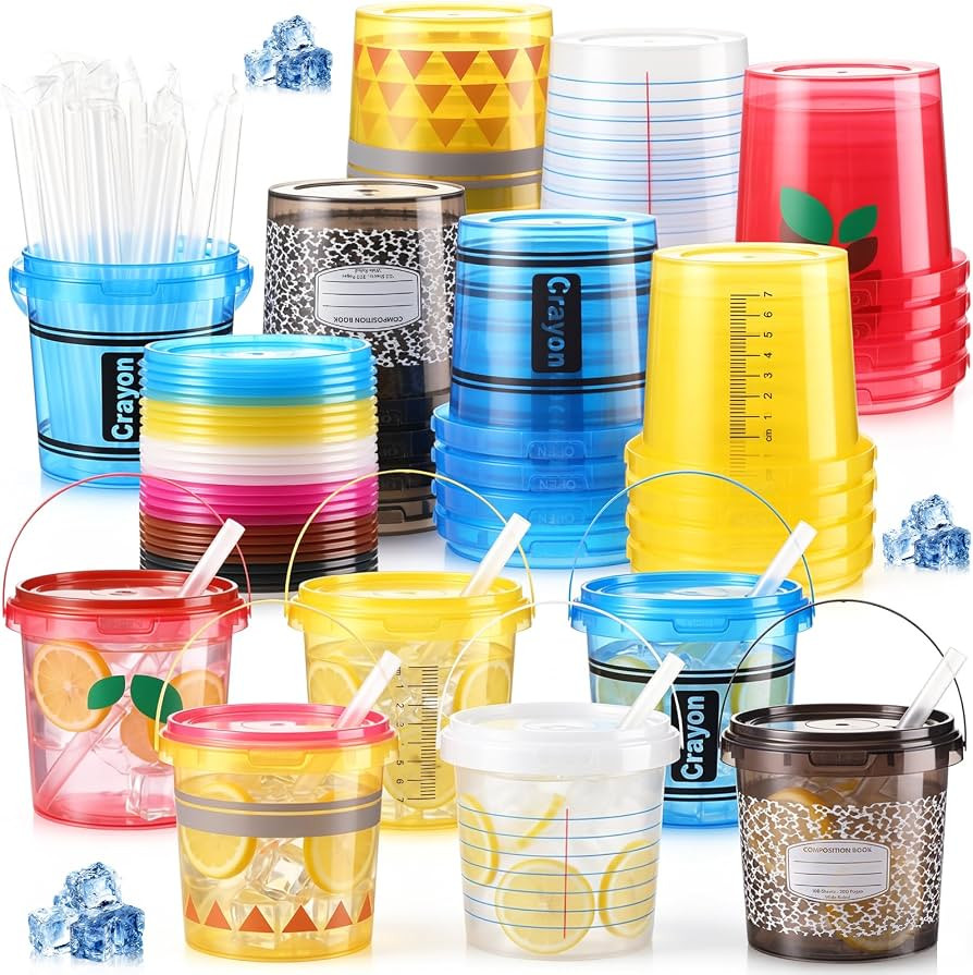 Funnymoom 24 Pcs Composition Plastic Rum Buckets for Drinks with Lids and Straws 34 oz Teacher Ap... | Amazon (US)