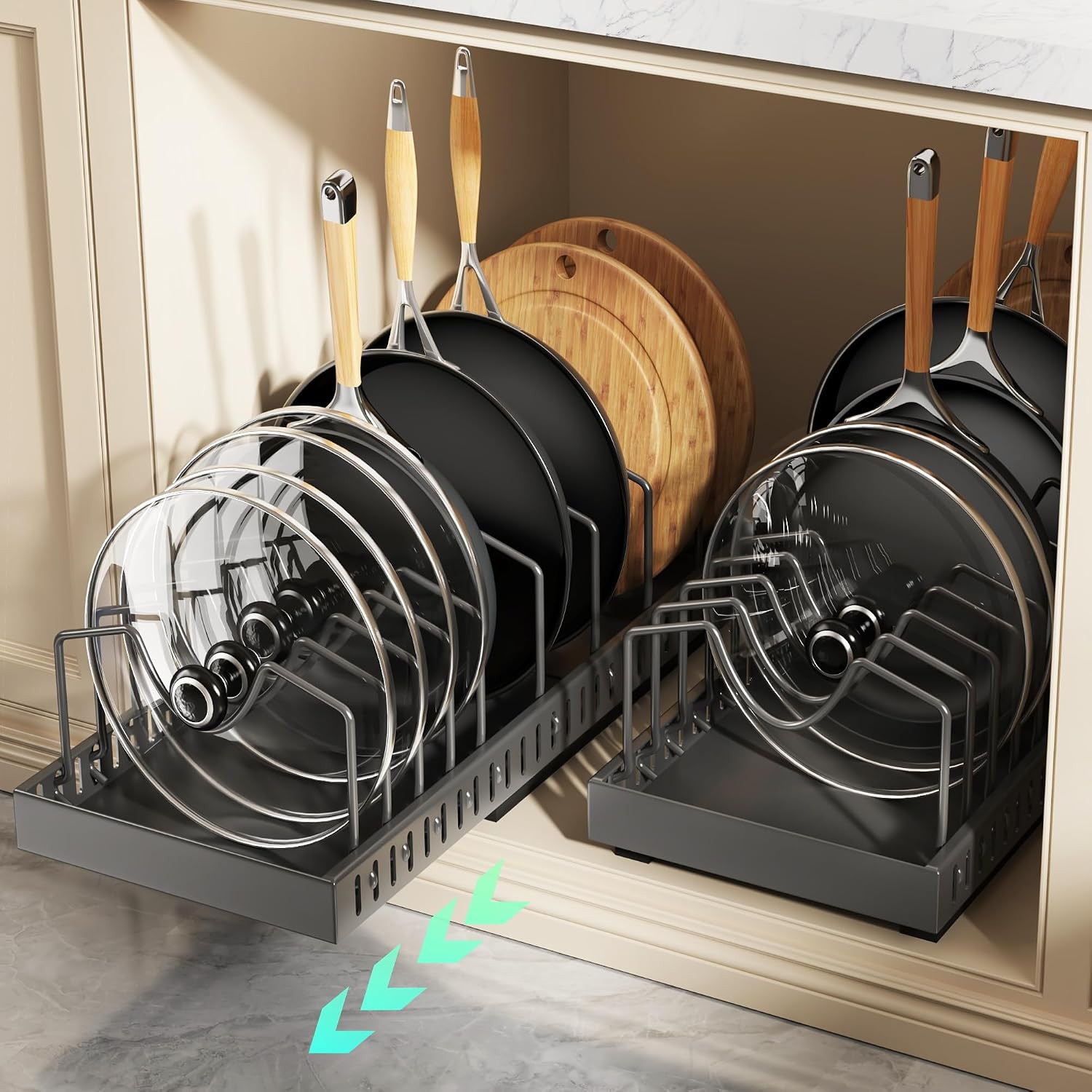 Pull Out Pots and Pans Organizer Under Cabinet, Expandable Sliding Lid Holder and Pan Rack for Kitchen, Slide Out Inside Cabinet for Pot Lid, Bakeware, Dishes, 10 Adjustable Dividers, 2 Pack Black | Amazon (US)