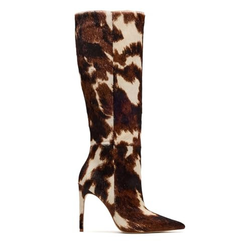 DOEYG Brown Cow Print Knee High Boots for Women Animal Pointed Toe Heeled Stiletto Boots Dressy Fashion Tall Boot with Side Zipper Size 9.5 | Amazon (US)