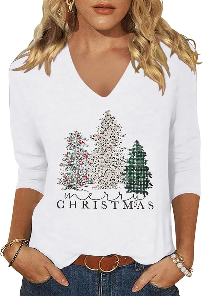 Vircreate Womens 3/4 Sleeve V Neck Christmas T-Shirts Merry Christmas Leopard Plaid Tree Graphic ... | Amazon (US)