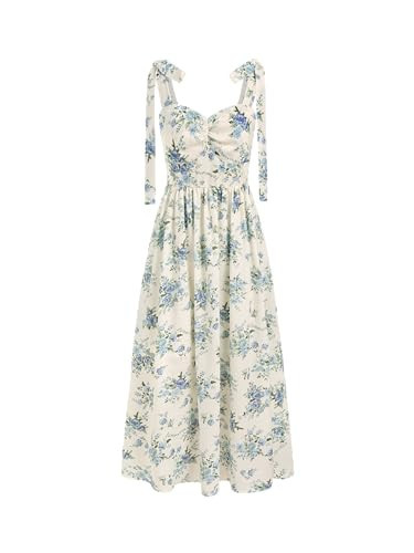 CIDER Santorini Beach Vacation V-Neck Bowknot Floral Ruffle Hem Midi Dress: Blue, L | Amazon (US)