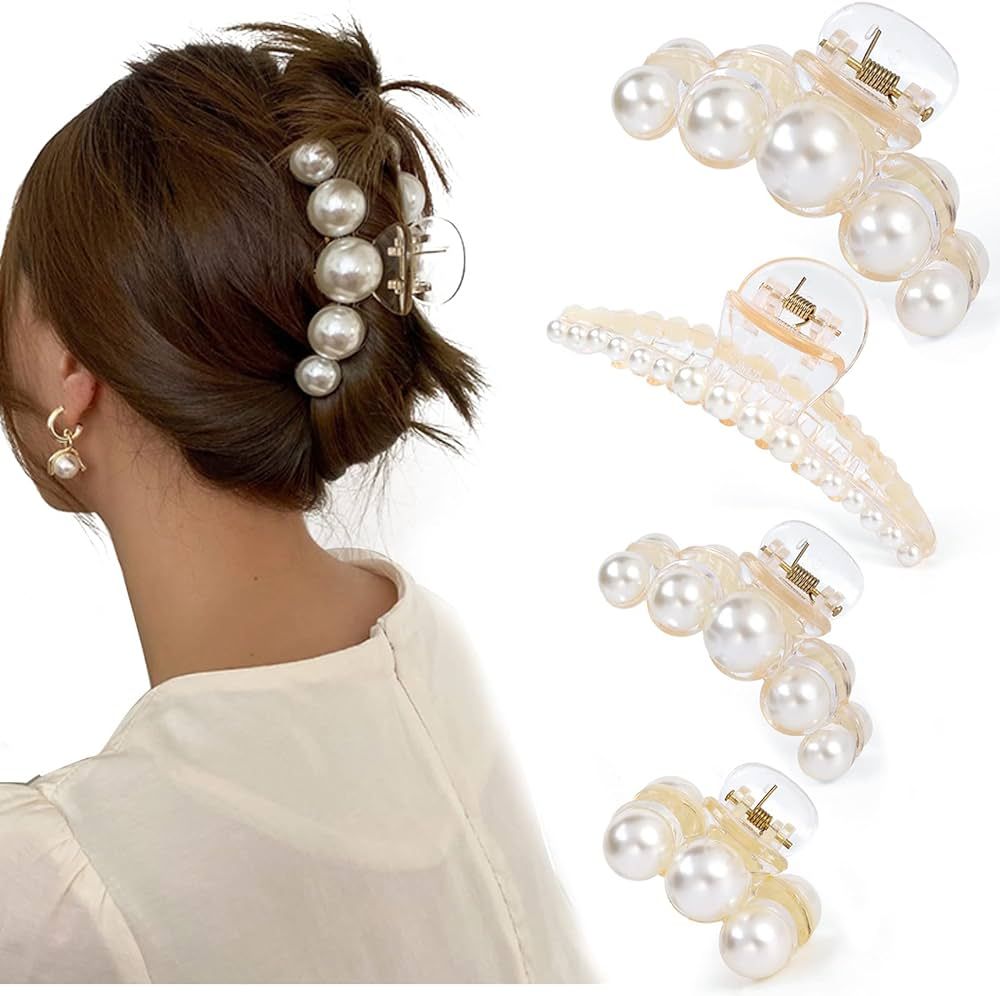 Mehayi 4 PCS Large Pearl Hair Claw Clips for Women Girls, Hair Barrette Clamps for Thick Thin Hai... | Amazon (US)