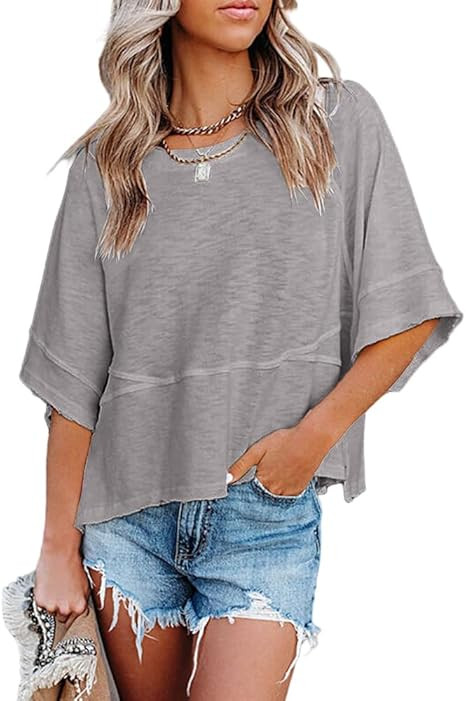 Women's Summer Casual Crewneck Batwing Half Sleeve T-Shirts Solid Color Loose Fit Cute Basic Flow... | Amazon (US)