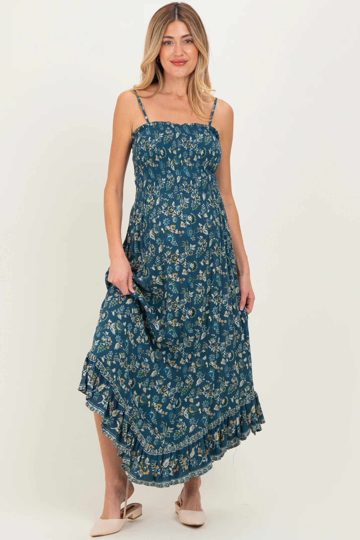 Deep Teal Floral Smocked Handkerchief Hem Maternity Dress | PinkBlush Maternity