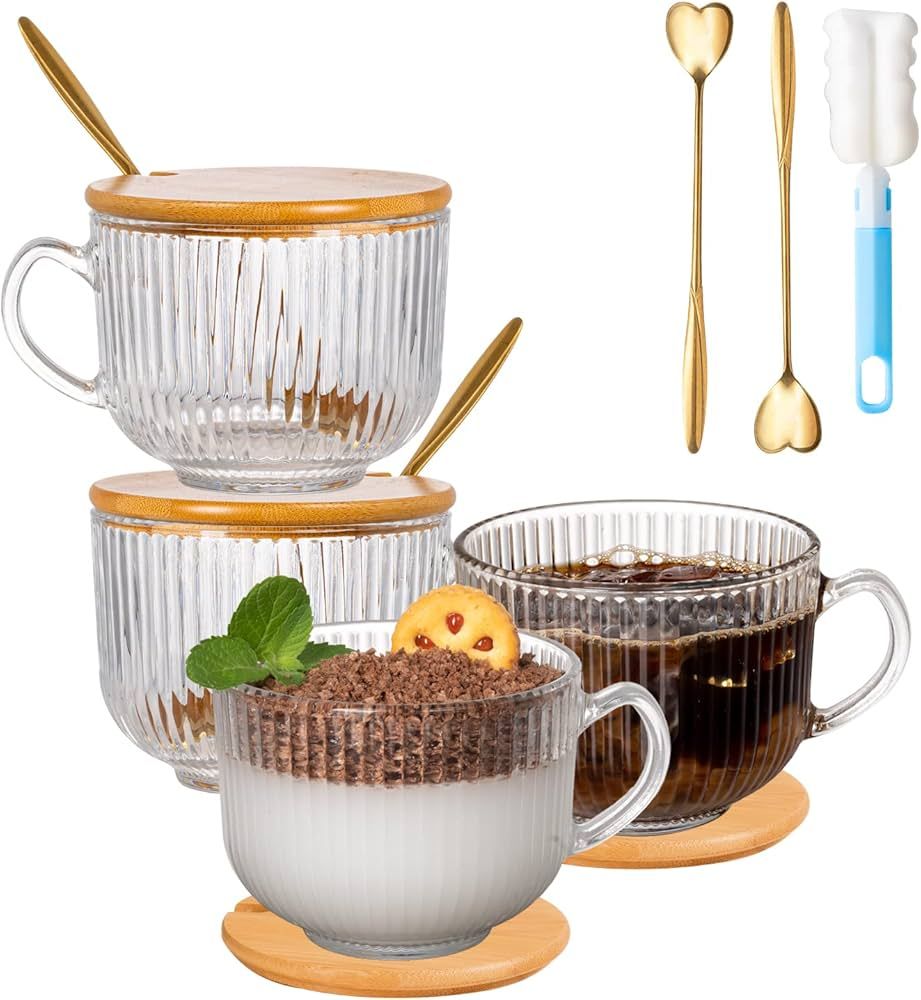 megarte Vintage Glass Coffee Mugs - 14 Oz Ribbed Glass Mugs with Bamboo Lids and Golden Spoons Se... | Amazon (US)