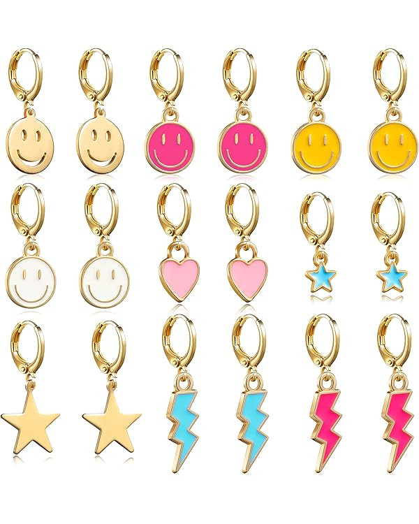 LieToi 9 Pairs Preppy Earrings Pack with Colorful Happy Smile Lightning Bolt Heart Star Charms Pe... | Amazon (US)