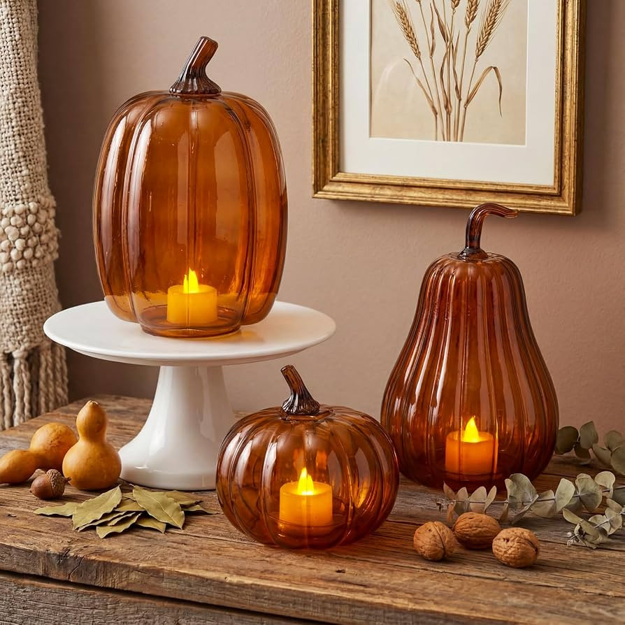Yungyan Set of 3 Glass Pumpkin Fall Decor Table Centerpiece, Brown | Amazon (US)