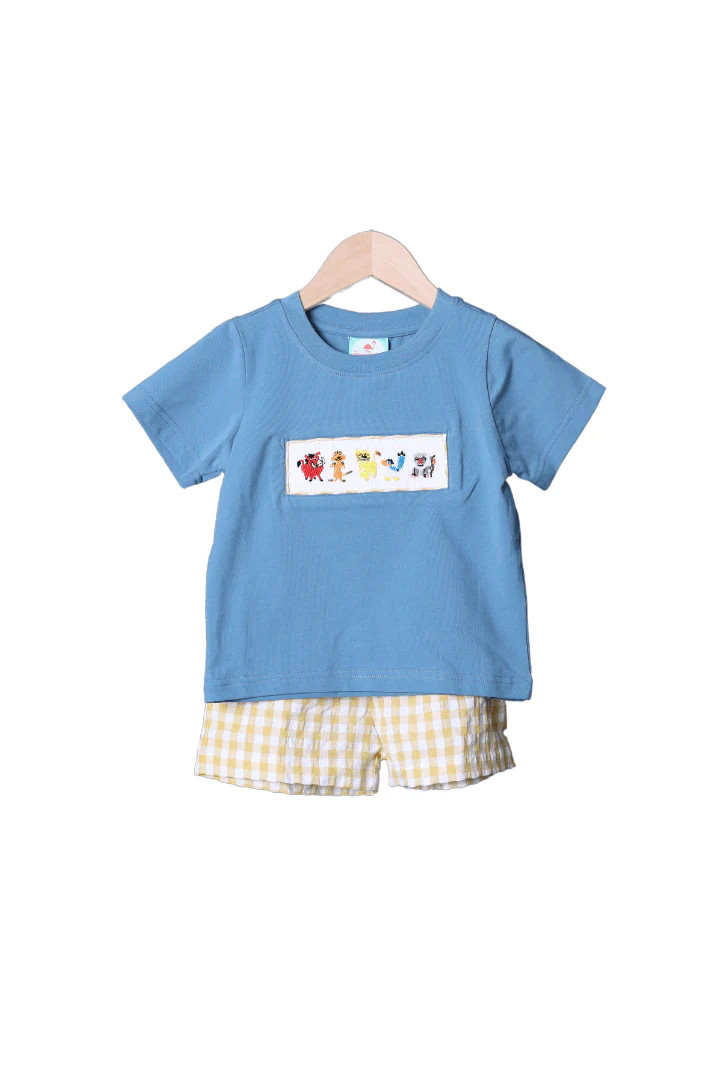 Smocked Lion Friends Blue Stone Yellow Seersucker Short Set | The Smocked Flamingo