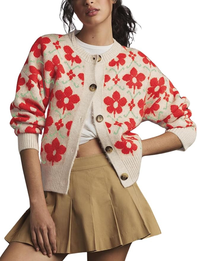 MINSURE Women Floral Cardigan Sweater Open Front Long Sleeve Button Down Knit Sweater Vintage Out... | Amazon (US)