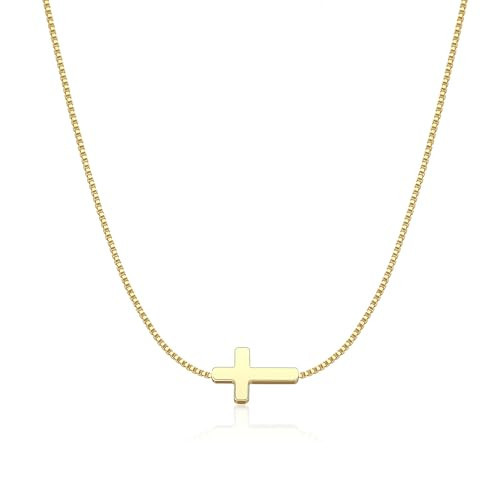 Rotnso Cross Necklace for Women 14K Gold Plated Dainty Small Sideways Cross Pendant Choker Simple Trendy Cute Cross Charm Box Chain Necklace Easter Basket Stuffers Baptism Religious Faith Jewelry Gift | Amazon (US)