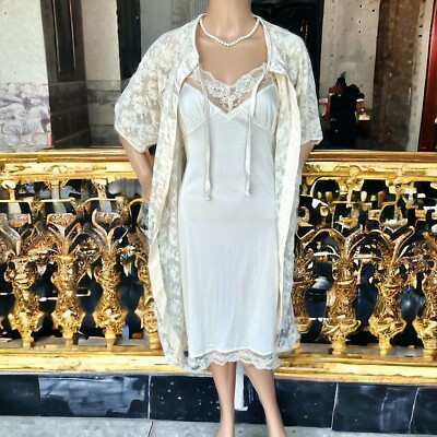 Vintage Lingerie Set Slip/Coat Lace Gown Dress Robe Ties Ivory M  | eBay | eBay US