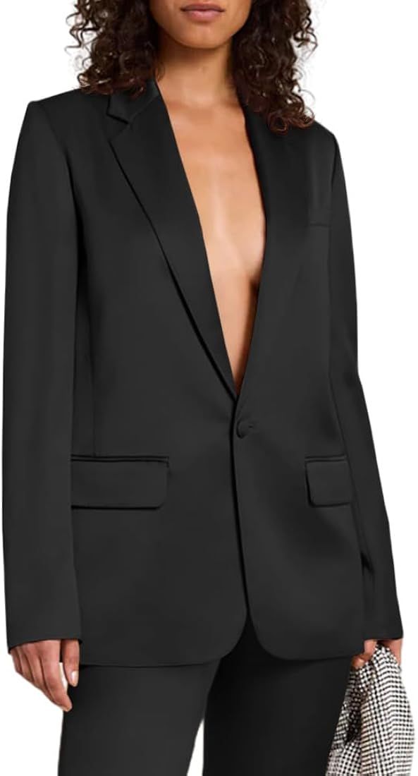 Women's Satin Lapel Casual Blazer Long Sleeve Work Business Suit Jackets with Pockets | Amazon (US)