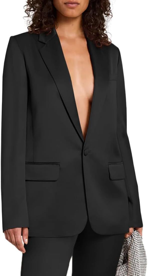 Women's Satin Lapel Casual Blazer Long Sleeve Work Business Suit Jackets with Pockets | Amazon (US)