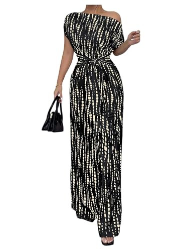 Amazon.com: Floerns Women's Allover Print Asymmetrical Neck Pant Romper Short Sleeve Belted Jumps... | Amazon (US)