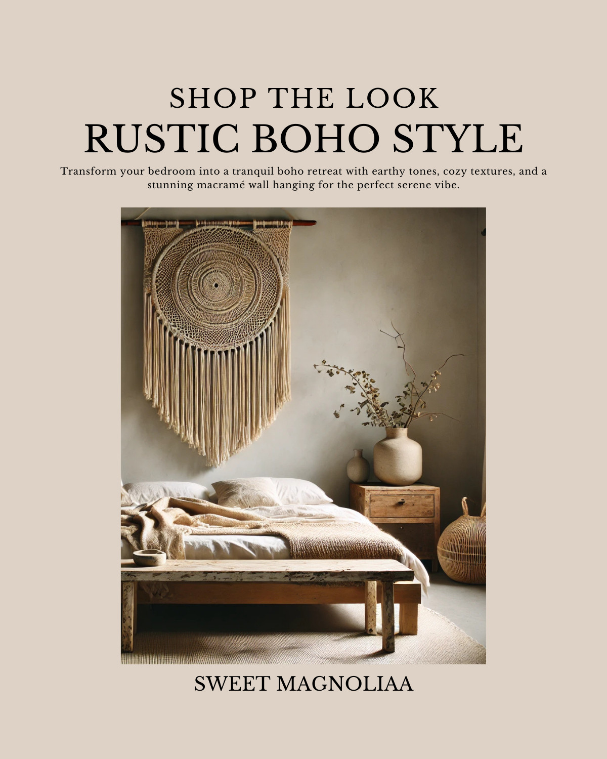 Transform your bedroom into a tranquil boho retreat with earthy tones, cozy textures, and a stunning macramé wall hanging for the perfect serene vibe. 

 #LTKHome