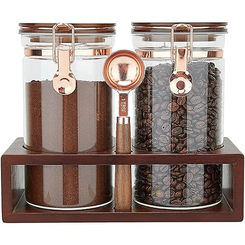 Glass Coffee Canister Set with Shelf and Spoon, Set of 2 Coffee Containers for Storing Ground Cof... | Amazon (US)