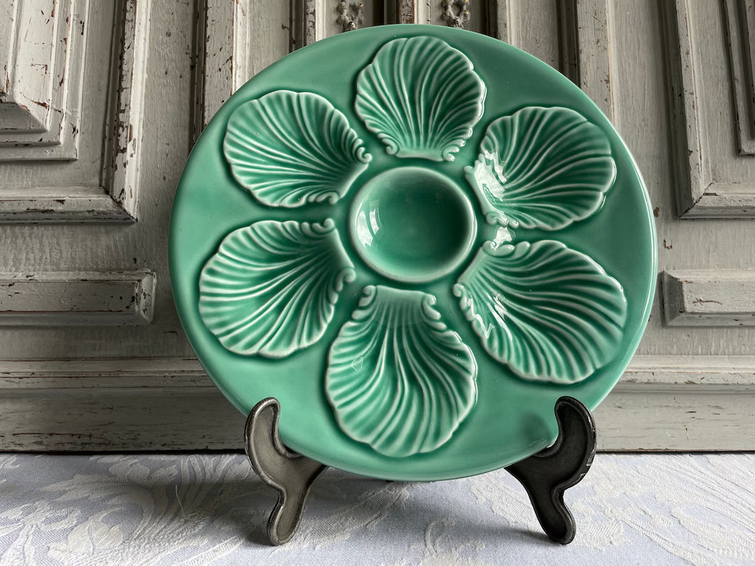 French Vintage Oyster Plate, Turquoise Jade Green Seafood Clam SINGLE/PAIR Barbotine Proceram Ser... | Etsy (US)