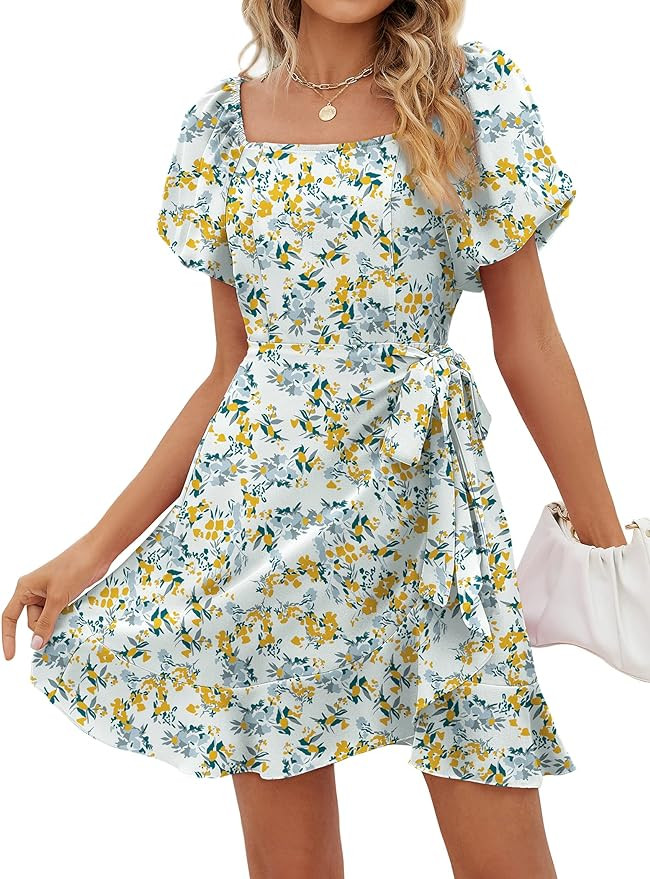 SAMPEEL Womens Square Neck Puff Sleeve Dresses Summer Tie Waist Dress | Amazon (US)