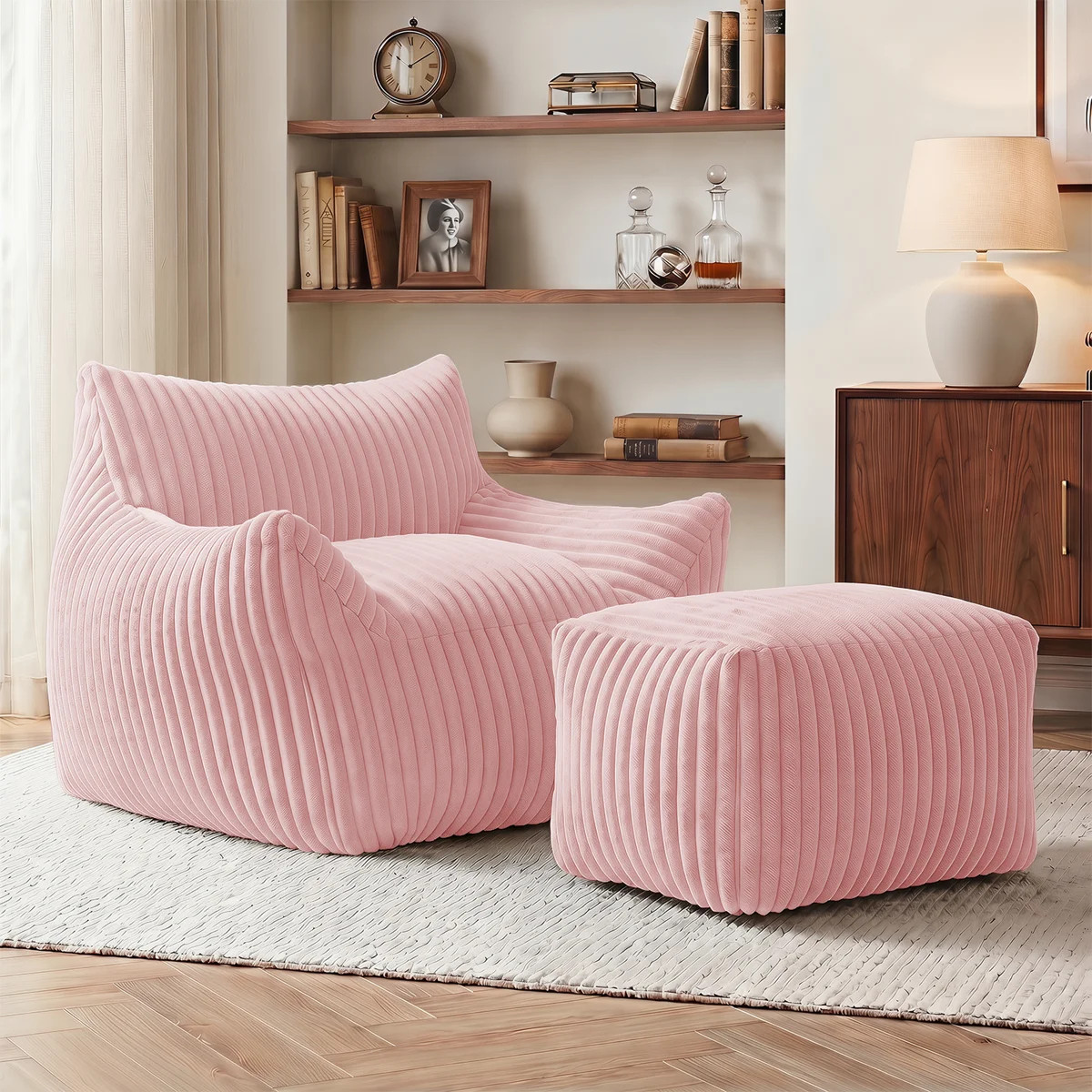 Large Corduroy Compression Bean Bag Chair with Ottoman Memory Foam Lazy Floor Sofa | Wayfair North America