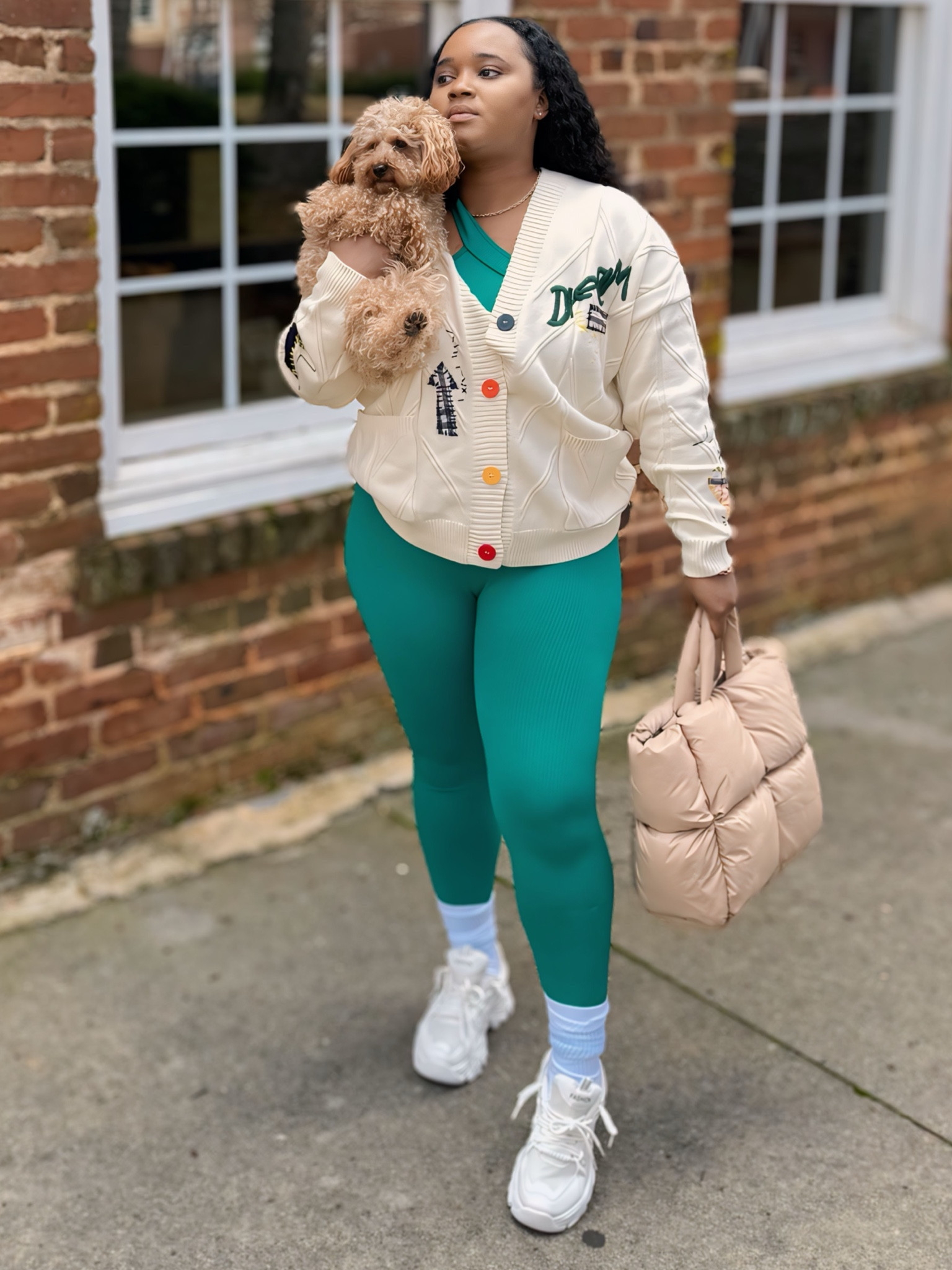 Knit sweater, yoga jumpsuit, puffer handbag. Fits true to size. 🌸💕

#LTKstyletip #LTKfindsunder50 #LTKsalealert