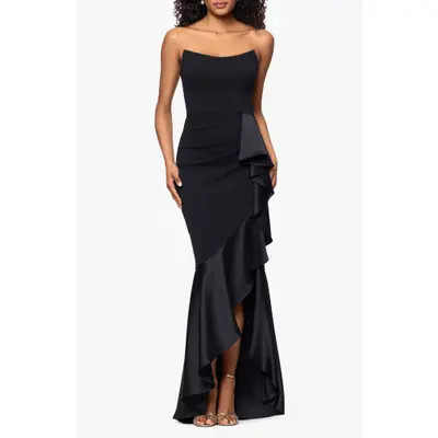 Betsy & Adam Satin Ruffle Detail Strapless Scuba Crepe Corset Gown in Black at Nordstrom, Size 12 | Nordstrom