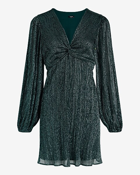 Metallic V-neck Long Puff Sleeve Twist Front Mini Dress | Express