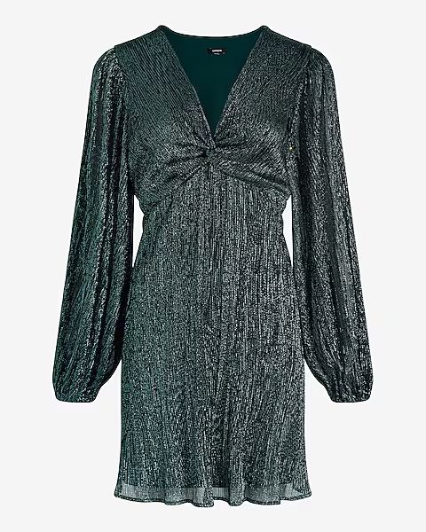 Metallic V-neck Long Puff Sleeve Twist Front Mini Dress | Express