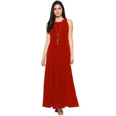 eloria Women s Georgette Roundneck Casual Summer Pleated A Line Sleevless Long Dress Color : Red | S | Walmart (US)